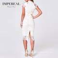 Midi Crochet Mock Neck Celebrity Lace Bodycon White Lace Dress